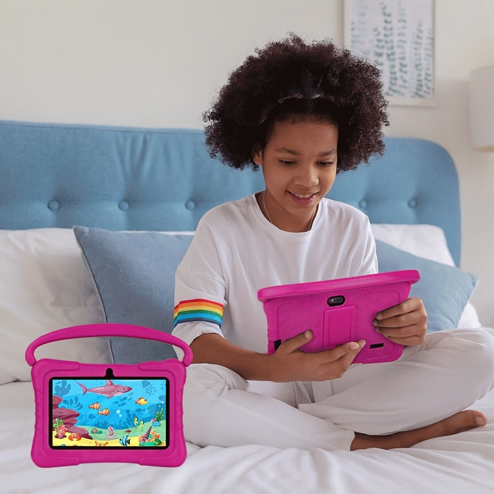 Educational Kids Tablet 7 Inch Android 14, Eye Protection Screen Parental Control GMS Certified, 2GB RAM 32GB ROM 2.4G Wi-Fi, Shockproof Case Dual Camera Pre-Loaded Learning Apps & Games, Children Tablet for Ages 3-12 – Blue Red