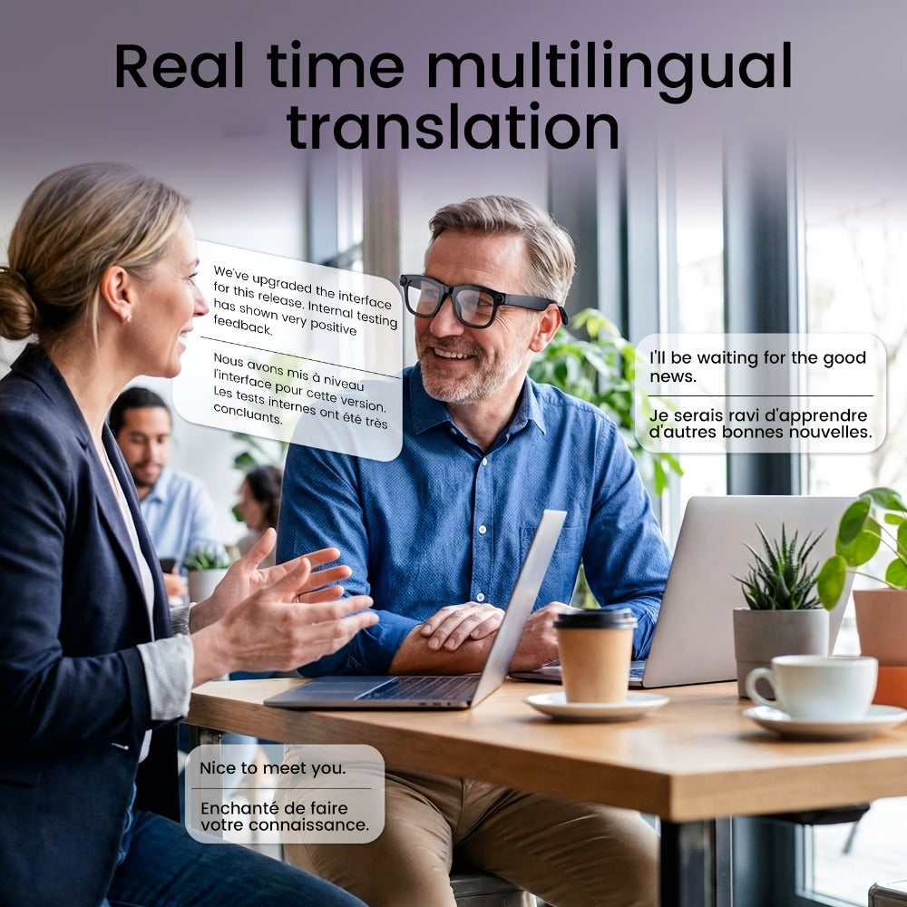 AI Smart Glasses Real-Time Voice Translation 100+ Languages - 2MP HD Camera, Bluetooth Calling & Music, Hands-Free Recording, Black & Clear Lens, Wearable Tech