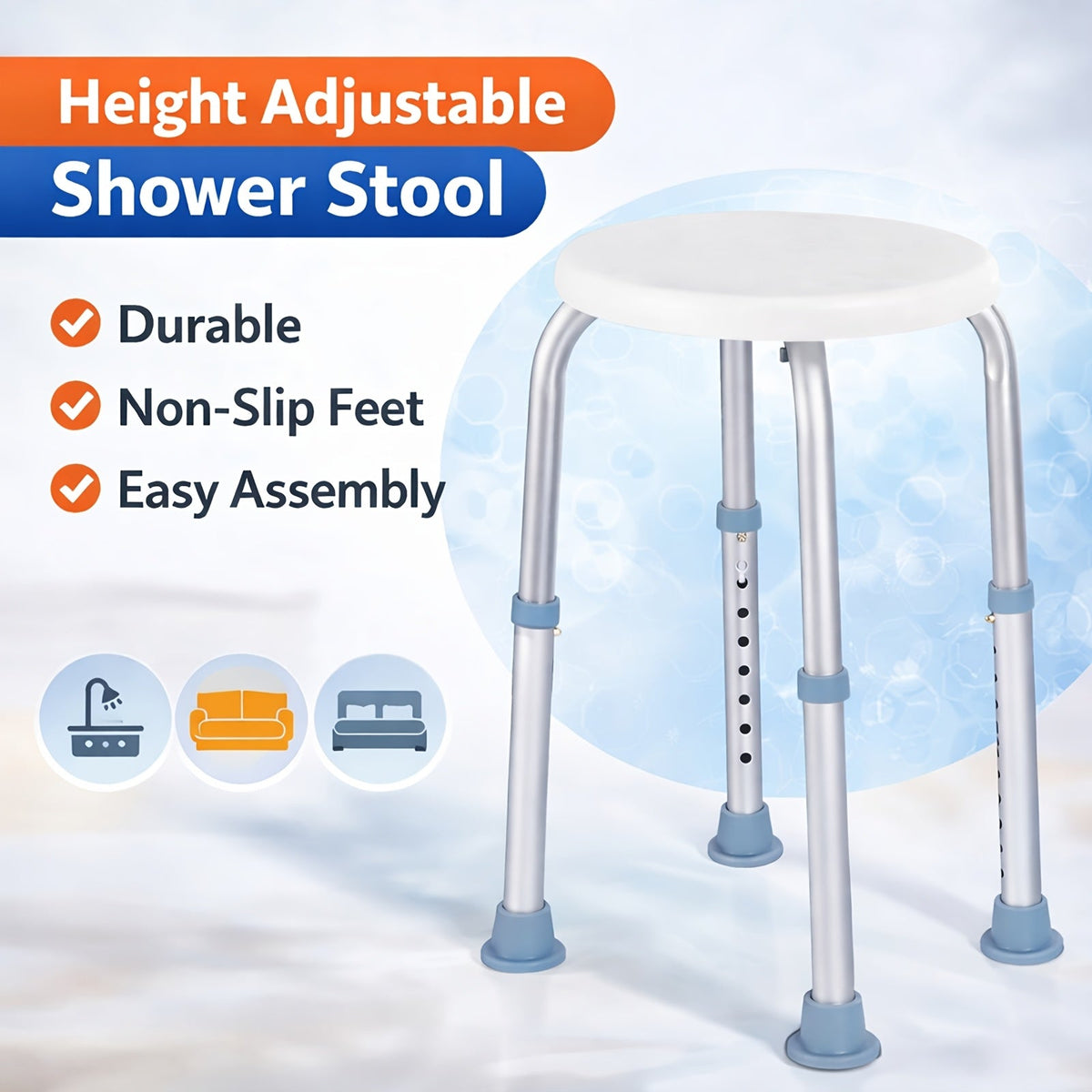 Shower Chair with Armrests & Backrest – Height Adjustable Aluminum Bath Seat, 350 LBS Capacity, Non-Slip Rubber Feet, Cushioned Support for Elderly, Disabled & Post-Surgery, Fits Most Showers & Tubs
