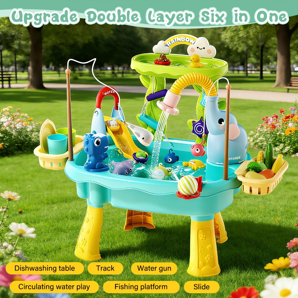 Kids Water Table Toy with Electric Pump & Faucet, Play Food & Fishing Toy in Blue or Pink