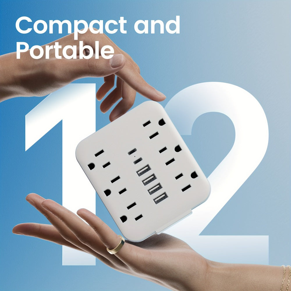 Bedside Wall Power Strip 12-in-1 with 6 AC Outlets, 4 USB-A & 2 USB-C Ports – Multi-Socket Charging Station for Home, Office, Bedroom & Travel, White & Black