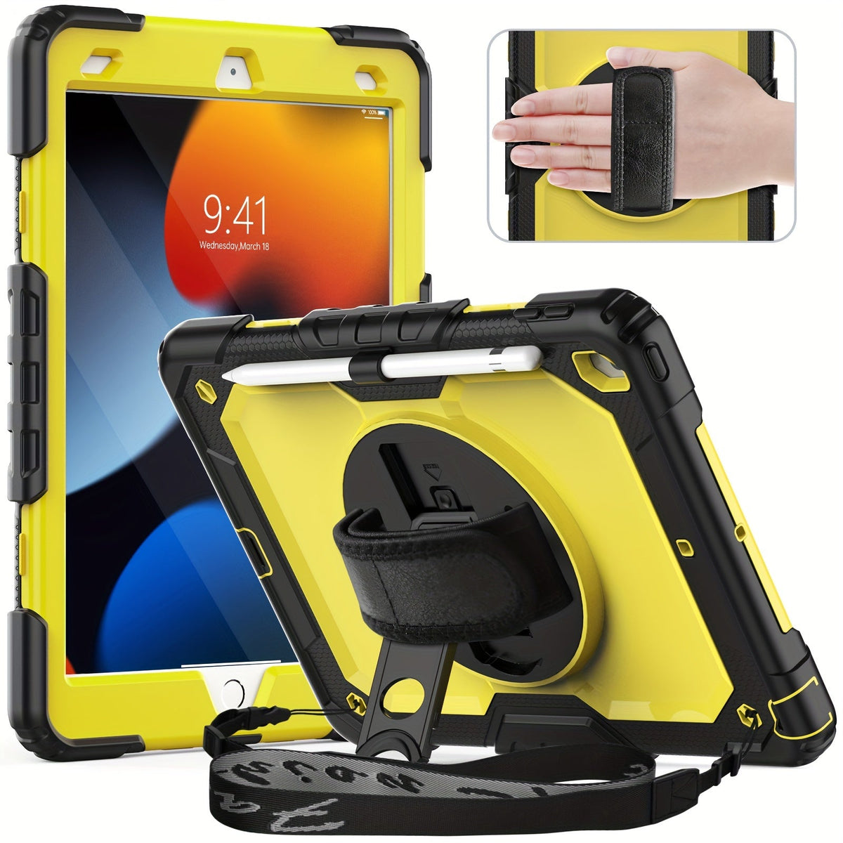 iPad 9th 8th 7th Generation Case 10.2 Inch Heavy Duty with Screen Protector, Hand & Shoulder Strap, 360° Rotating Stand, Pencil Holder – Full Body Protection for iPad 7/8/9 Gen, Black