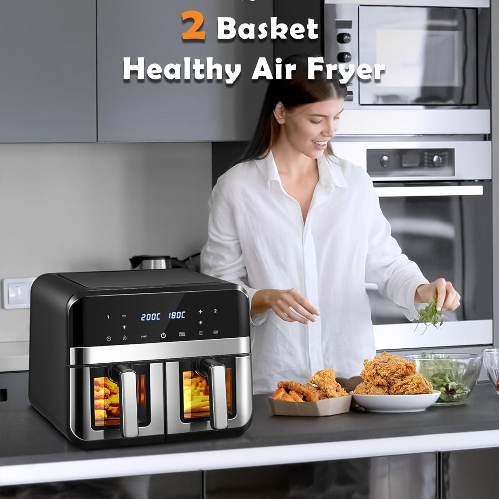 Dual Basket Air Fryer 9.5Qt – 2x4.75Qt Independent Zones, Smart Finish Match Cook, 2400W, 8 Presets, Air Fry Roast Bake Grill, Energy Saving Family-Size Double Basket Air Fryer