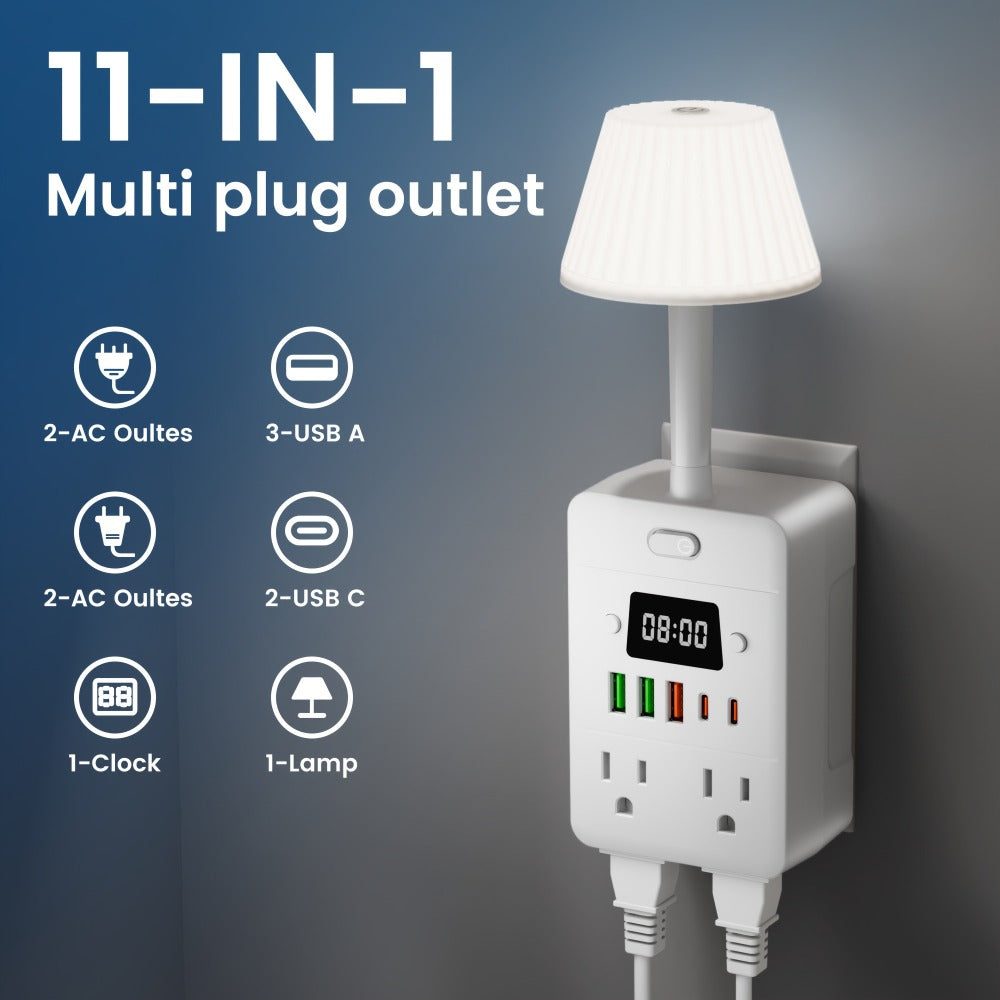 Desktop Power Strip with LED Desk Lamp & Clock 9-in-1, 4 AC Outlets & 5 USB Ports (3 USB-A & 2 USB-C), Surge Protection & Overload Safety for Office, Study, Home & School