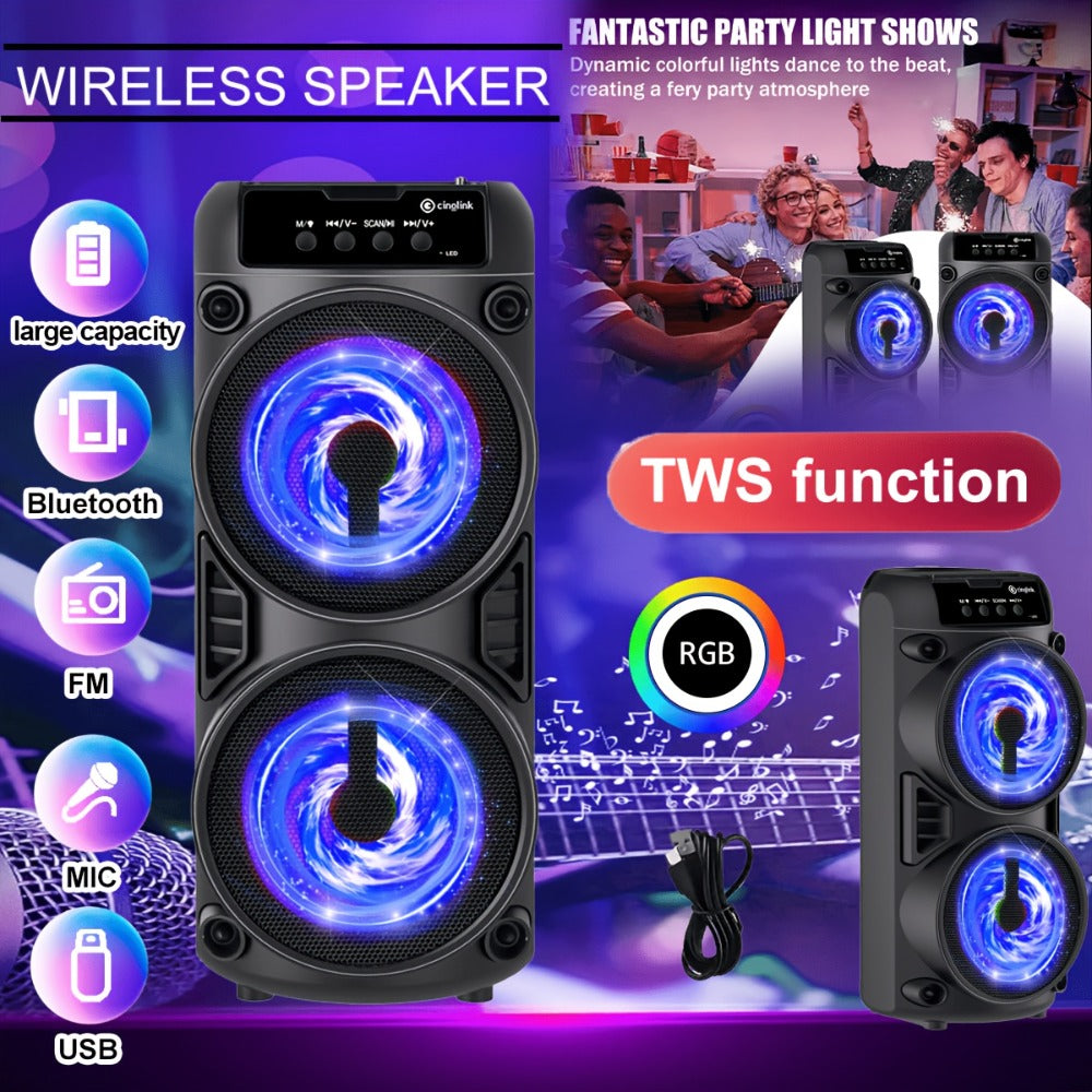 RGB Dual Speaker Portable Bluetooth Stereo Sound System with Subwoofer, Ambient Lighting, Two Speaker Sizes, Deep Bass for Party, Camping, Home Entertainment