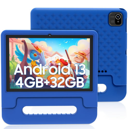 WiFi 6 Kids Tablet 10.1 Inch Android 6GB RAM 64GB ROM 5000mAh Dual Camera Parental Controls Eye Protection Preloaded Educational Apps Games Learning Tablet with Case Gift for Kids Blue Pink
