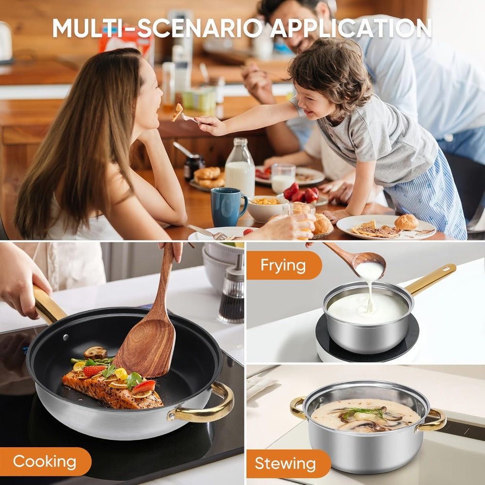 Stainless Steel Non-Stick Cookware Set 1 11 & 13 Piece – Non-Toxic Dishwasher & Oven Safe Kitchen Cooking Set | Frying Boiling Stir-Fry Pots and Pans | Golden Silver Pink Orange Home & Catering