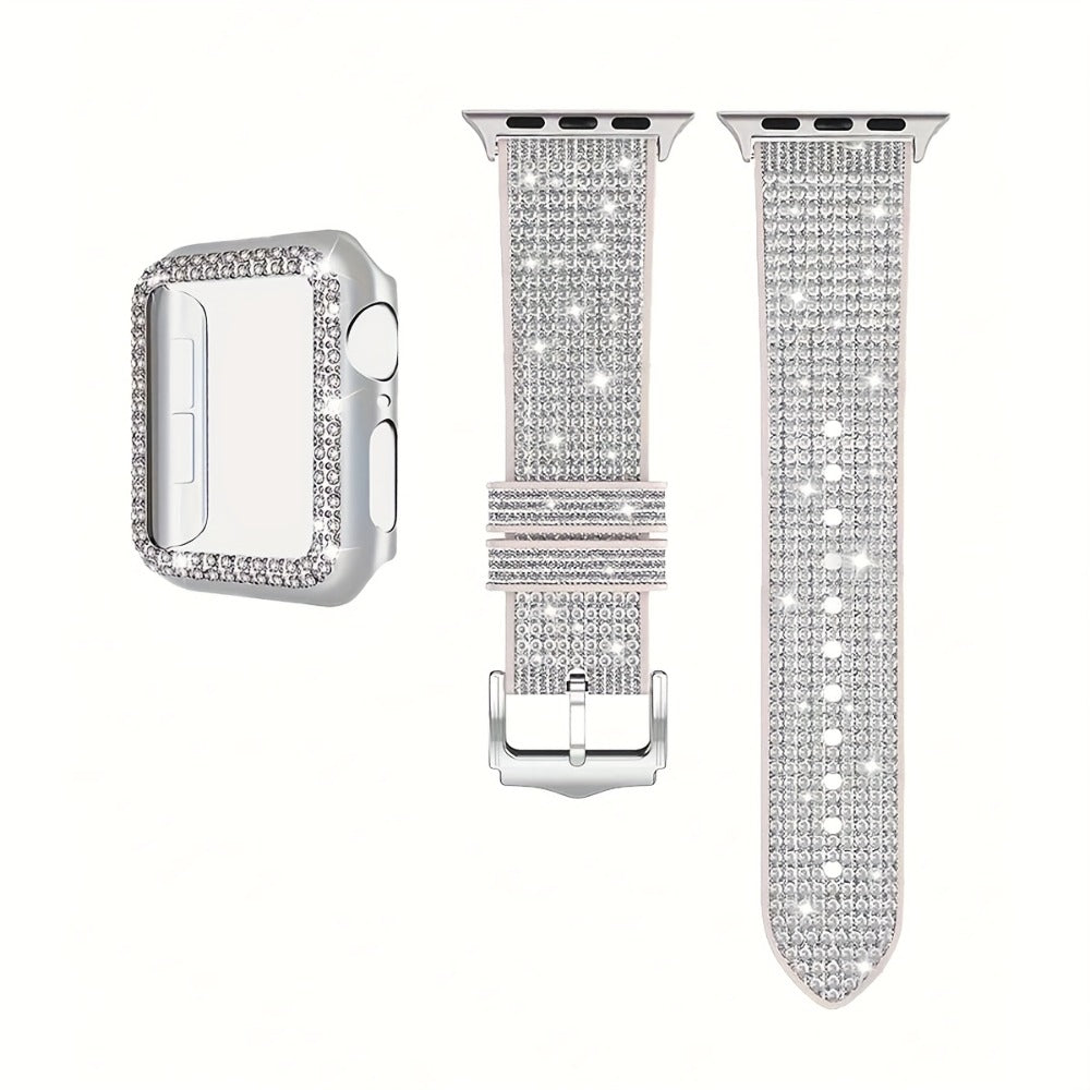 Apple Watch Band with Case Crystal Rhinestone Bling, Chameleon Color-Shift Strap + Shockproof Hard PC Cover, Compatible with Apple Watch Series 1-9 SE Ultra 38mm to 49mm S10 – Rose Gold Black Silver Women