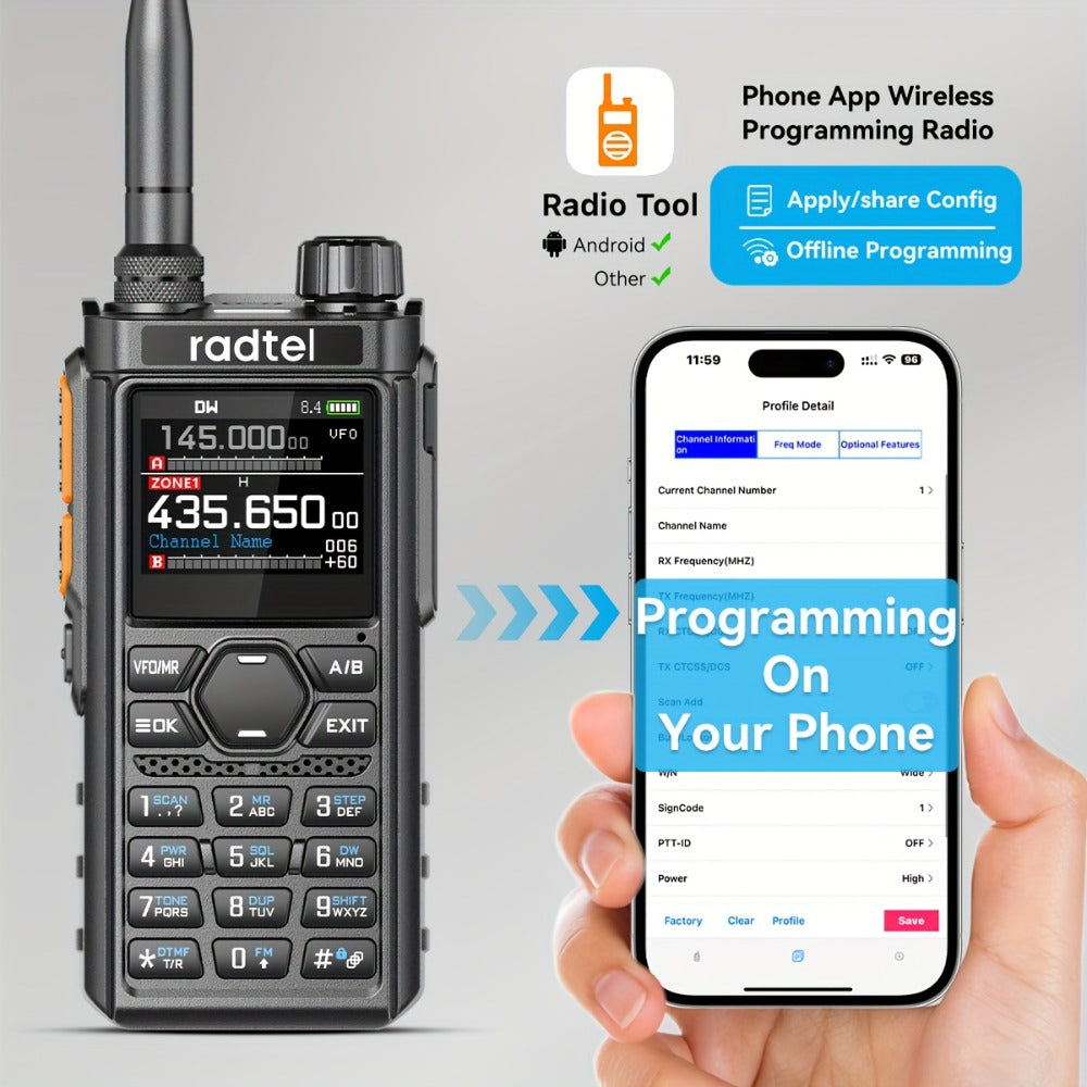 Tri-Band Ham Radio Handheld Walkie Talkie Radtel RT-910B, 6M VHF UHF Air Band Two-Way Radio, APP Programming, NOAA Weather Alert, 960 Memory Channels, USB-C Charging, Long Range Transceiver for Outdoor Camping Hiking Survival Aviation Enthusiasts