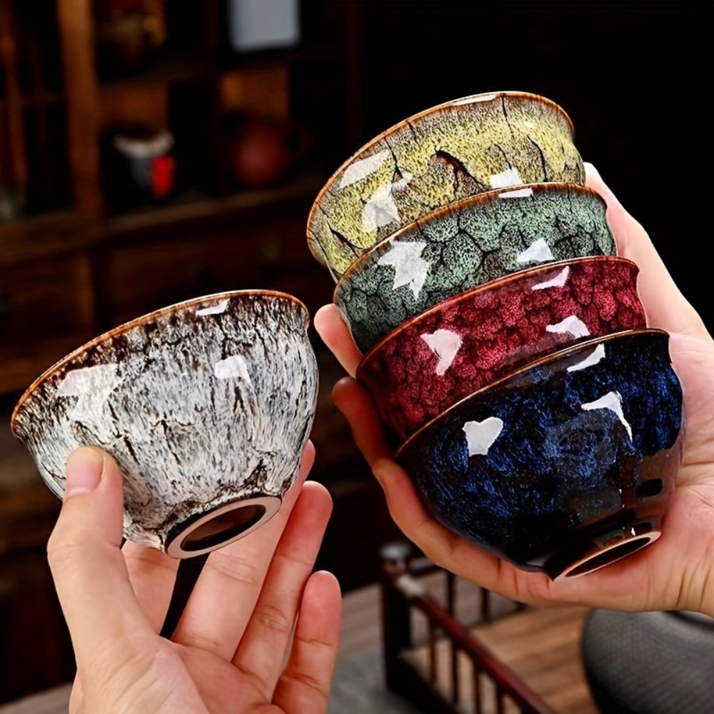 Kung Fu Tea Cups Set of 5 – Handmade Kiln-Fired Jianzhan Ceramic Teacups – Five-Element Design in 5 Colors with Gift Box – Elegant Chinese Tea Ceremony Cup Gift for Business, Friends & Family
