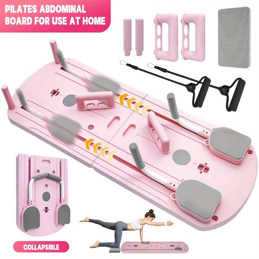 Pilates Training Board, Pink Foldable 8-in-1 Design with Resistance Bands and Non-Slip Feet