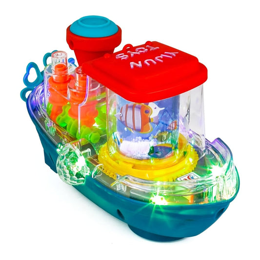 Boat-Shaped Interactive Toy with Rotating Ocean Scene and Music