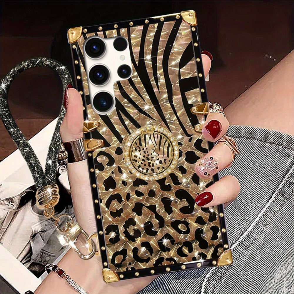 Leopard Print Samsung Galaxy Case Ring Holder Kickstand Anti-Drop Rectangular Cover for Galaxy S25 Ultra Plus S24 Ultra Plus FE S23 Ultra S22 Ultra S21 Ultra A56 A55 A54 A36 A35 A16 A15 A14 – Fashion Girly