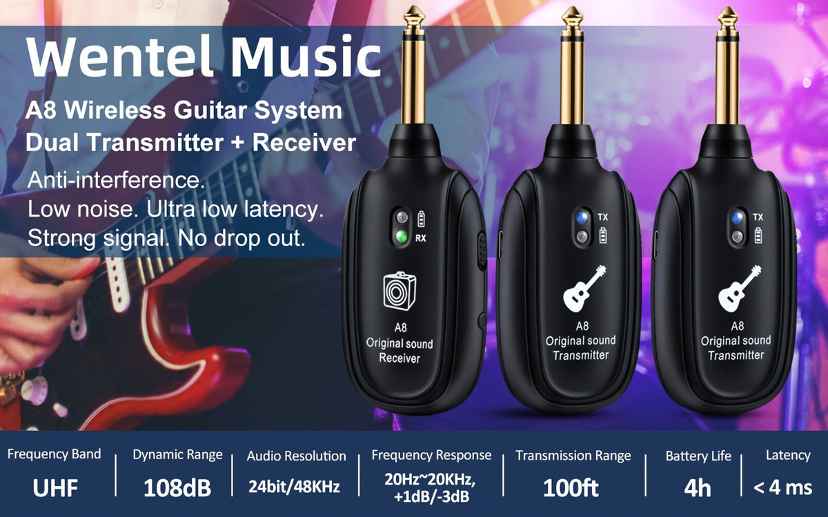 UHF Wireless Guitar System 100ft Range - Plug & Play, Noise-Free Transmission, 2 Transmitters & Receiver, Compatible with Electric Guitar Bass Violin Keyboard, Live Performance Stage Music Gear