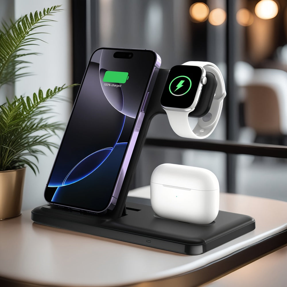 USB-C 3-in-1 Wireless Charging Station Upright Stand – Fast Charge Dock for iPhone 16 15 14 13 12 Pro Max, Apple Watch Ultra Series 10 9 8 7 SE & AirPods Pro 2 | Black & White