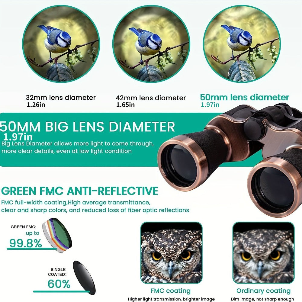 10x50 HD Binoculars for Adults, Professional Compact Long-Range Telescope with FMC Coating & BAK4 Prism, Durable Rubber Grip, Ideal for Hiking, Camping, Bird Watching, Football Games, Concerts