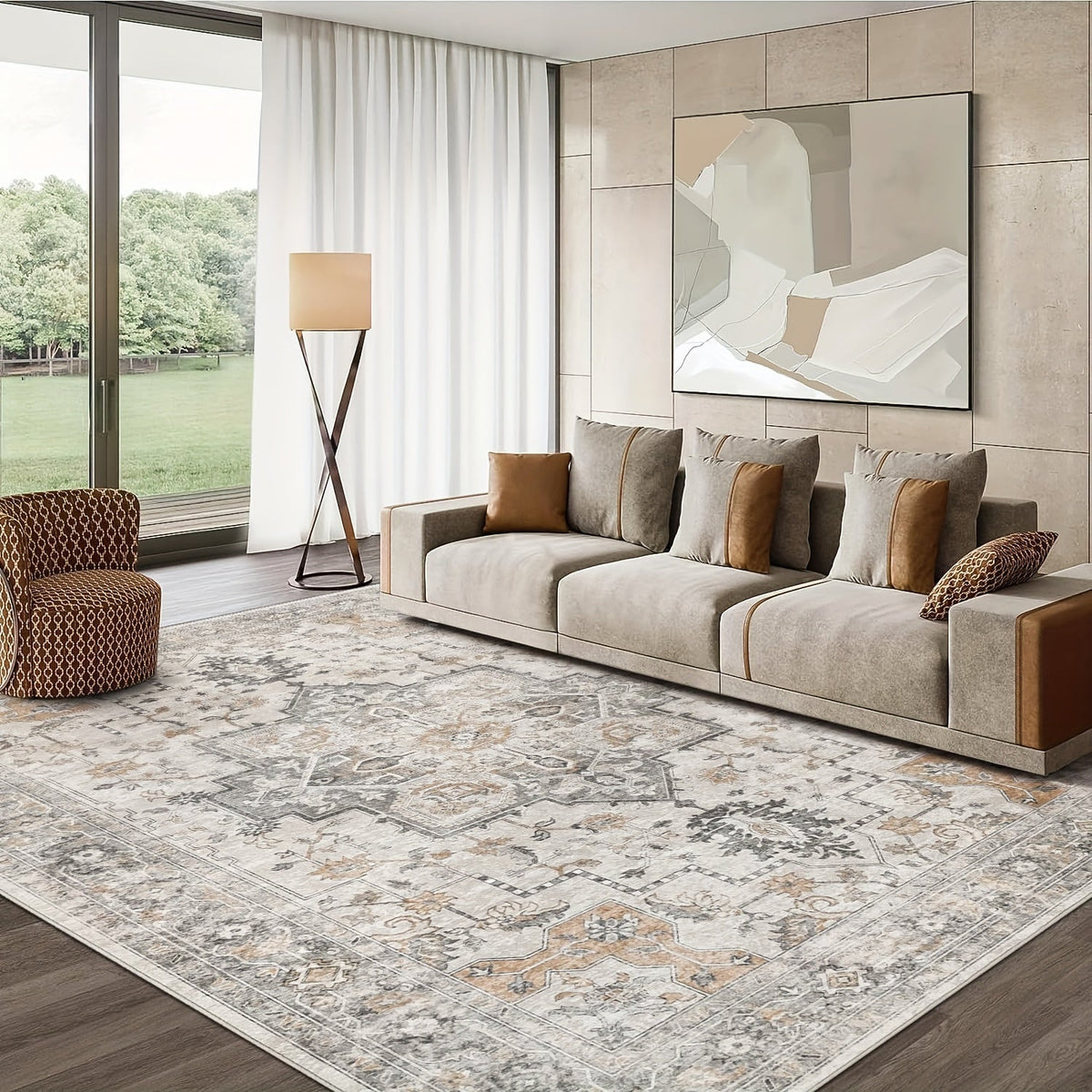 Vintage Chenille Area Rug Non-Slip Machine Washable – Retro Print Lightweight Carpet for Living Room, Bedroom, Dining Area & Home Office – Light Taupe Brown, 8 Sizes