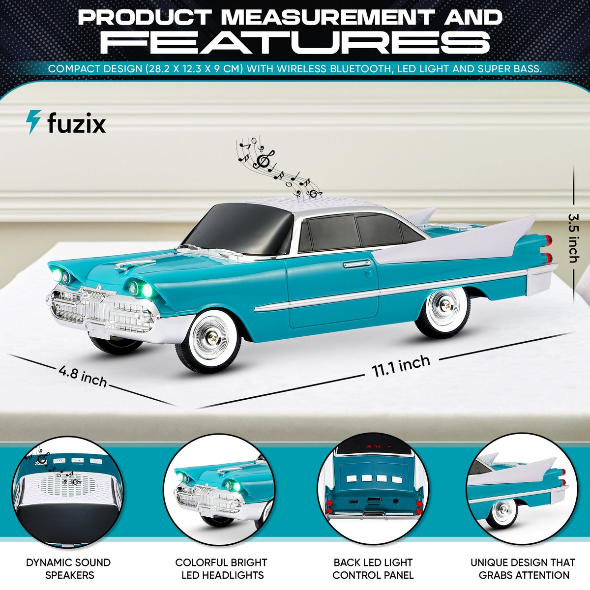 Retro Car Bluetooth Speaker with LED Headlights & Taillights, Fuzix WS-1965 Wireless Portable Stereo Speaker, AUX/USB/TF/FM Radio, Built-in Mic, Rechargeable Battery, Gift for Car Enthusiasts