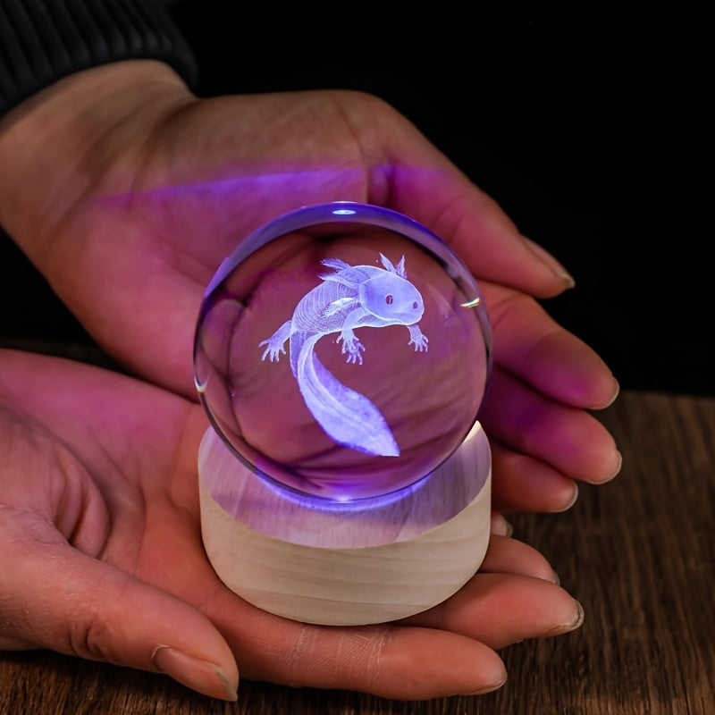 3D Axolotl Crystal Ball Night Light – USB Powered LED Colorful Gradient Glow Orb Atmosphere Lamp with Bamboo Base, Amphibian Figurine Desk Light for Home Decor, Bedroom, Kids Room & Unique Gift (2.36in)