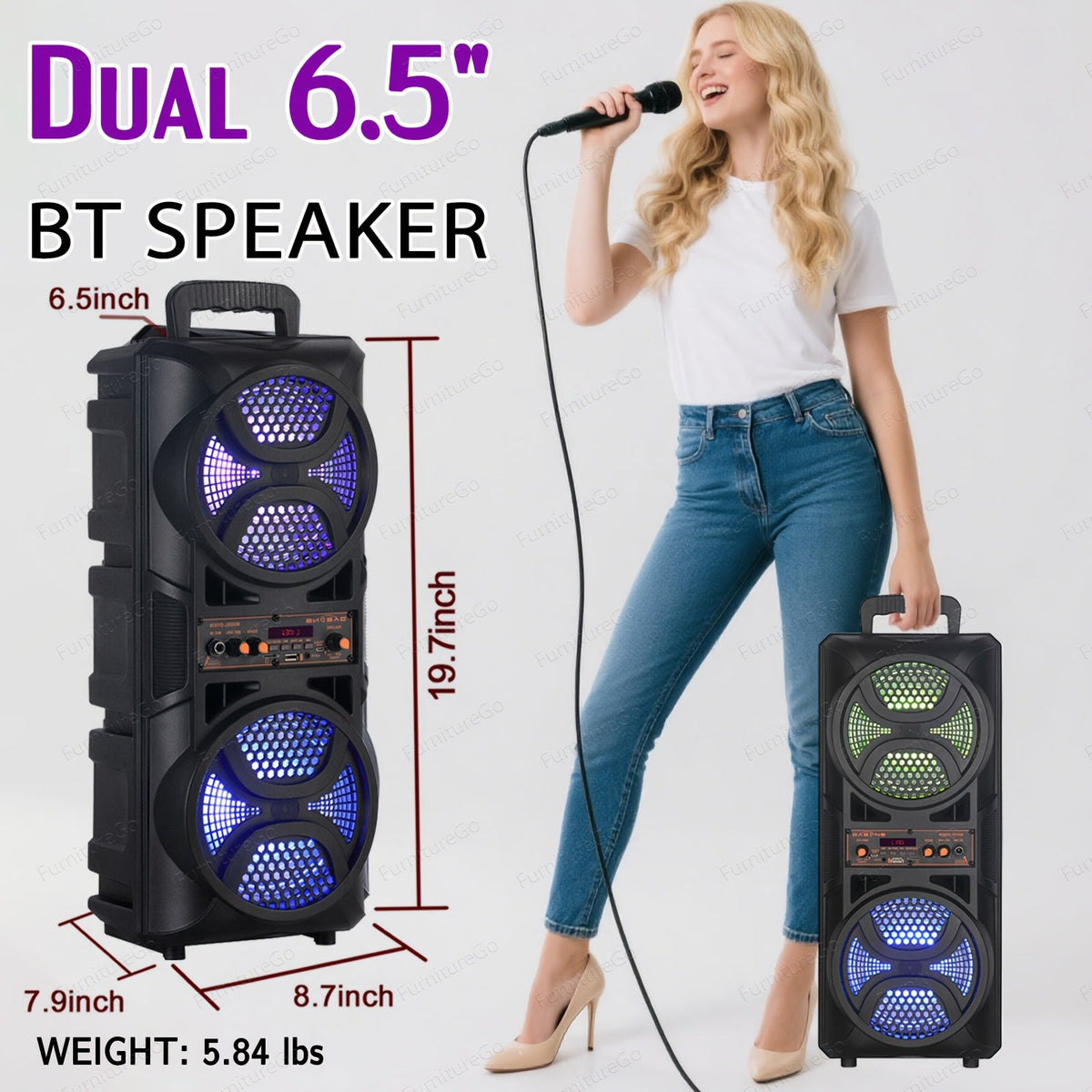 Wireless Party Speaker with Dual Subwoofers & RGB Lighting – FM Radio, USB/TF Card Playback, TWS Stereo Pairing, 20-Hour Battery, Portable Bluetooth Boombox for Outdoor & Indoor Parties