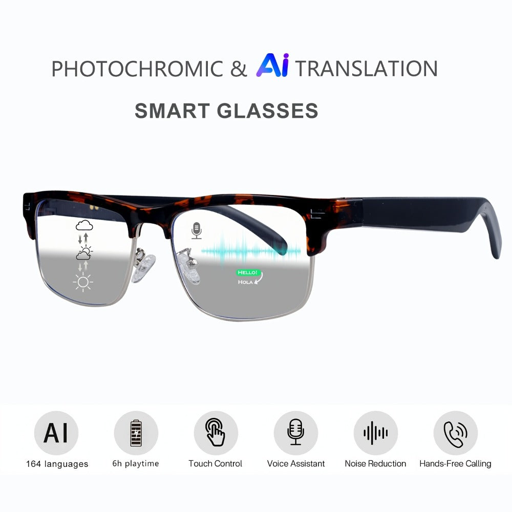 ChatGPT AI Translation Glasses with 160-Language Real-Time Translation, Photochromic Lenses, HiFi Audio & HD Calls – 19 Frame Styles, Unisex Smart Eyewear for Travel & Business