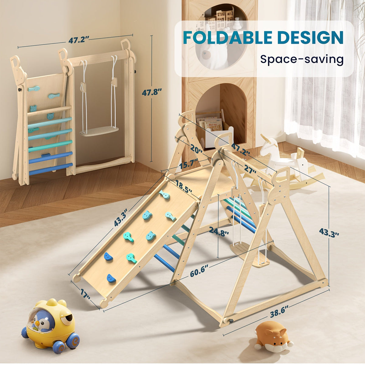 Foldable Indoor Wooden Jungle Gym for Toddlers – 4-in-1 Climbing Frame with Swing, Slide & Ladder | Ages 18M+ | Rainbow & Blue | Kids Indoor Playset for Cognitive Development & Active Play