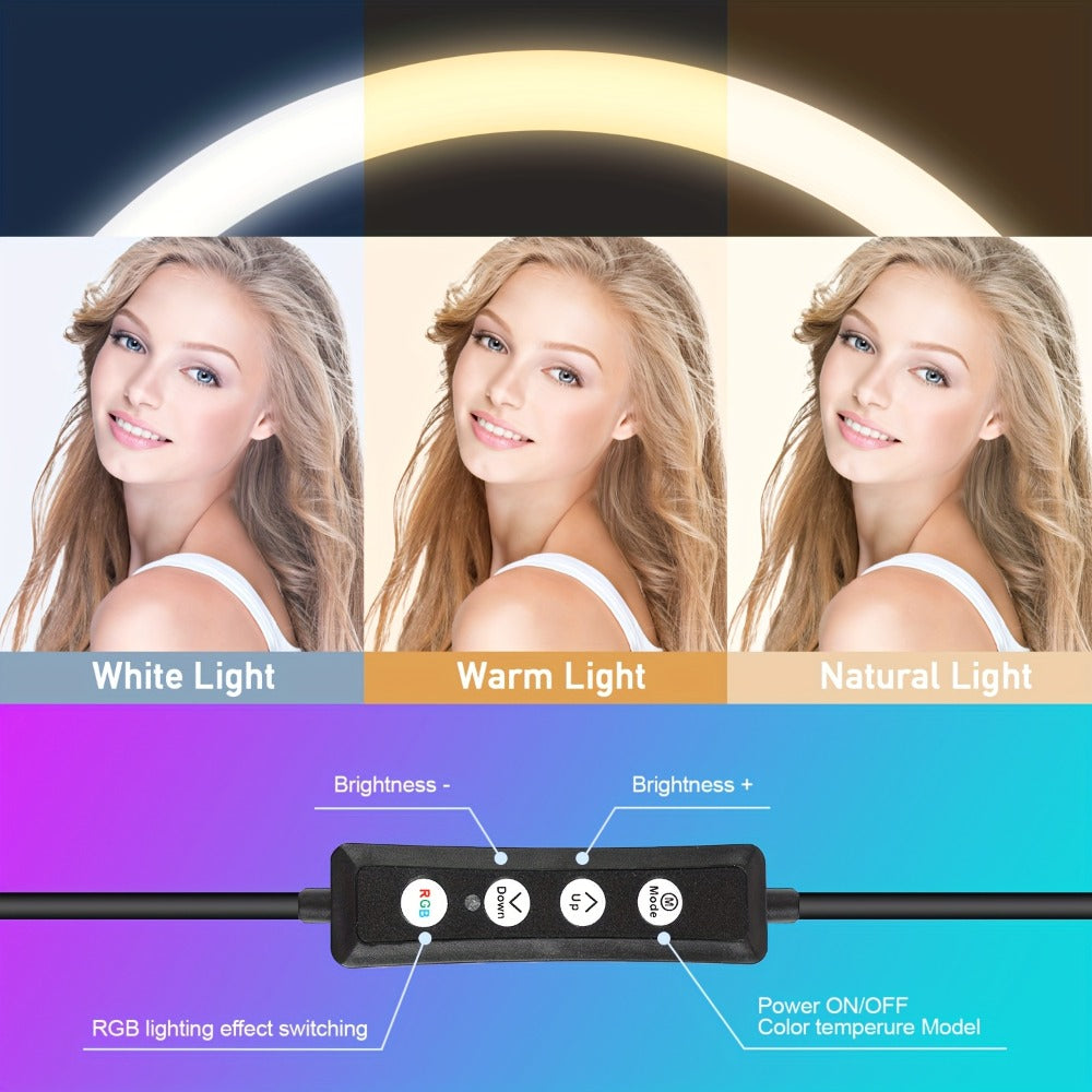 RGB Ring Light 12 Inch Dimmable with 63 Inch Adjustable Tripod USB Powered Phone Stand Gimbal Clamp for Makeup Live Streaming Selfie Photography TikTok YouTube Portable