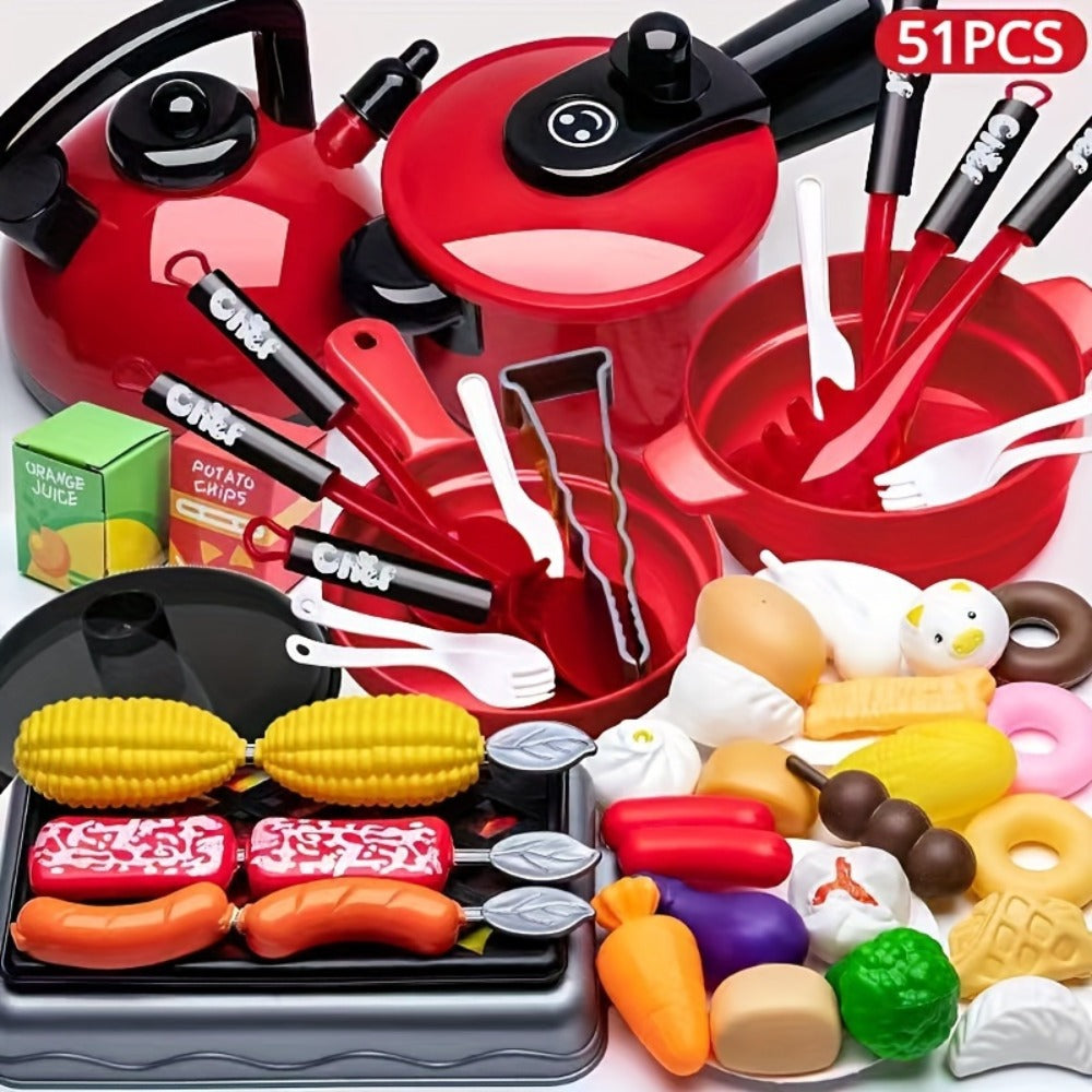 Kids Pretend Play Kitchen Set 51 Pcs – Cookware Tableware & Play Food Toddler Kitchen Toy for Boys & Girls Ages 3+ – STEM Learning Role Play Cooking Gift for Birthday Christmas Holiday Red