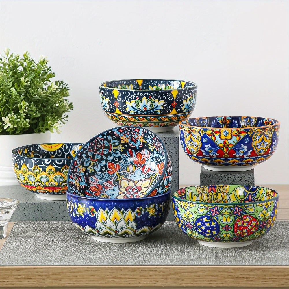 Cereal Bowl Set of 6 Bohemian Style 26oz – Colorful Ceramic Bowls for Cereal Soup Oatmeal Salad Ice Cream Pasta Microwave Dishwasher Safe Boho Kitchen Decor Gift for Home