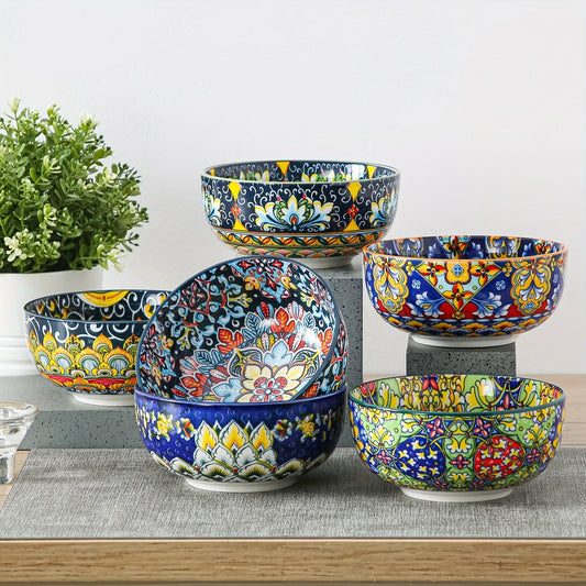 Ceramic Cereal Bowl Set of 6 with Bohemian Patterns, 26 oz per Bowl