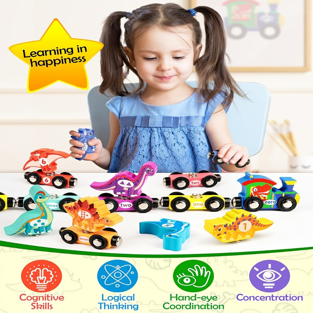 Magnetic Dinosaur Number Train – 11-Piece Wooden Train Toy with Dinosaur Engine & 10 Numbered Cars
