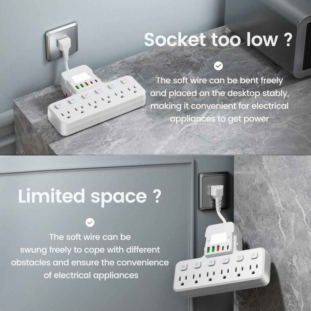Desk Lamp Power Strip 12-in-1 with Adjustable LED Light, 6 AC Outlets & 5 USB Ports (3 USB-A + 2 USB-C), Overload Protection Surge Protector, Multi-Plug Charging Station for Office Home Travel – White & Black