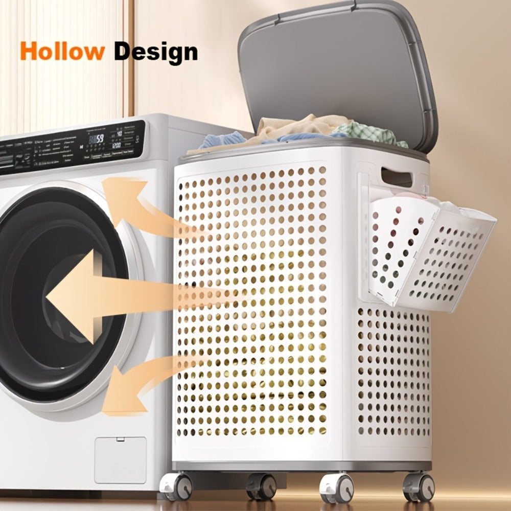 Rolling Laundry Basket with Lid and Wheels – Large Foldable Ventilated Storage Bin with Lockable Casters, Removable Inner Basket for Underwear, Space-Saving Clothes Hamper for Bedroom & Bathroom