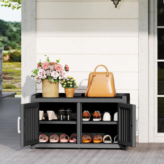 Shoe Storage Bench in Light Brown Resin with Concealed Cabinet Storage