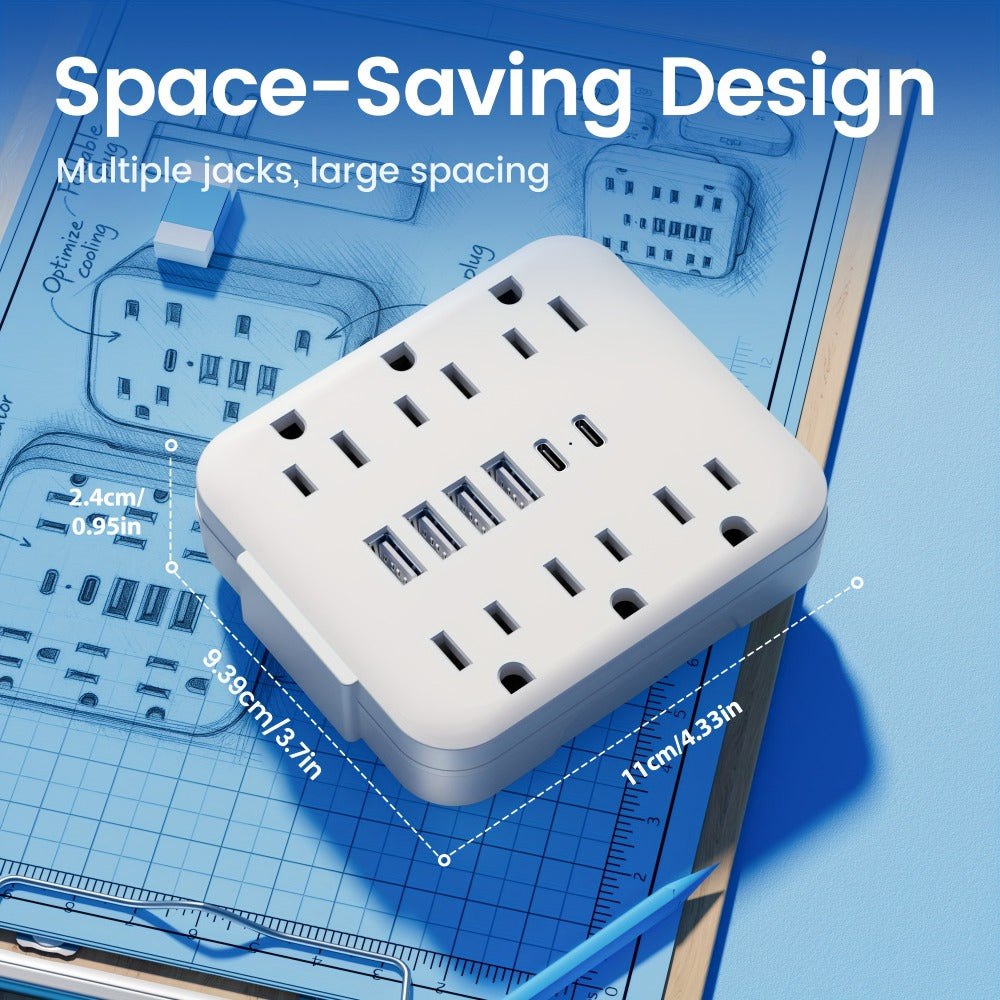 Bedside Wall Power Strip 12-in-1 with 6 AC Outlets, 4 USB-A & 2 USB-C Ports – Multi-Socket Charging Station for Home, Office, Bedroom & Travel, White & Black