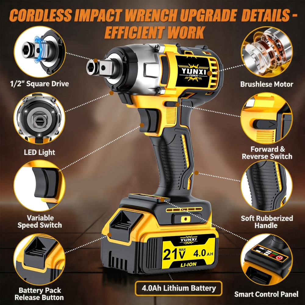 Cordless Impact Wrench 21V Brushless Electric Drill Set with 4000mAh Battery, Toolbox & Full Accessories, Wireless Power Drill for Automotive, Home & Industrial Use, Men's Gift