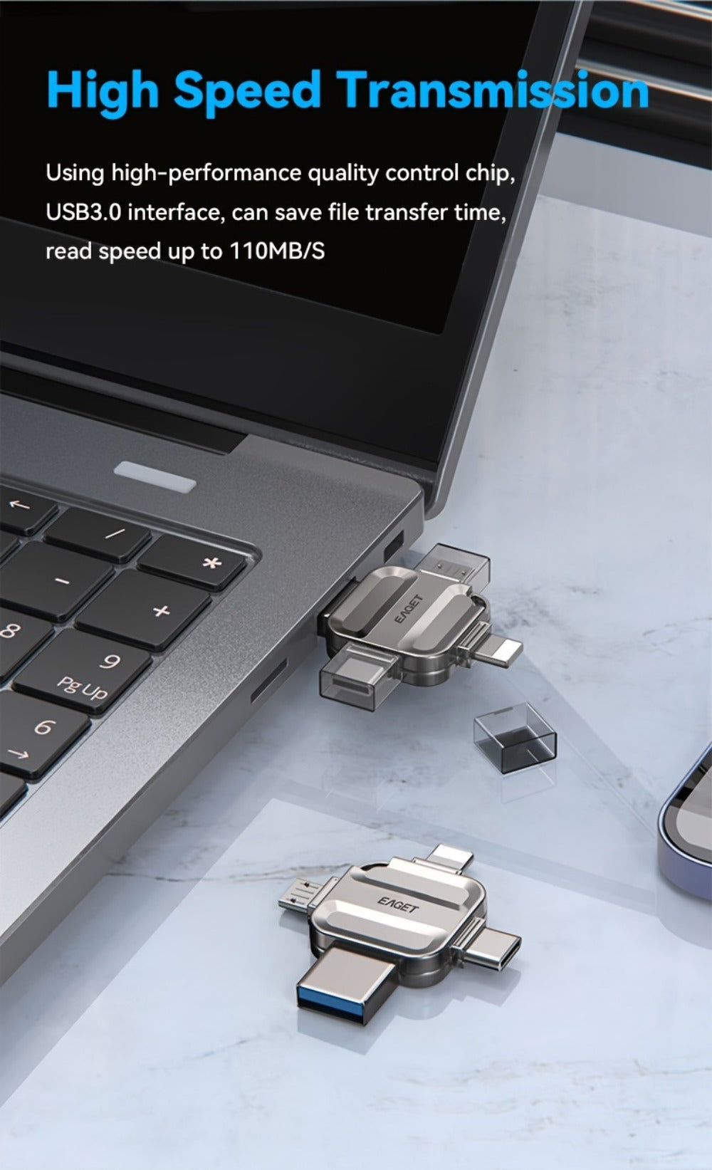 iPhone Flash Drive 4-in-1 USB Stick EAGET I50 Lightning USB-C Micro USB USB 3.0 Photo Stick for iPhone iPad Android PC Mac – 32GB 64GB 128GB 256GB Storage Expansion Memory Stick