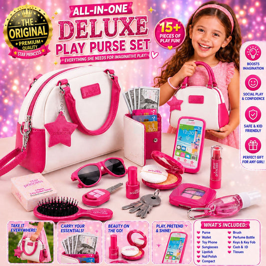 Pretend Play Purse Set, 18+ Pc Kids Handbag with Toy Phone, Wallet, Cards, Keys & Pretend Makeup