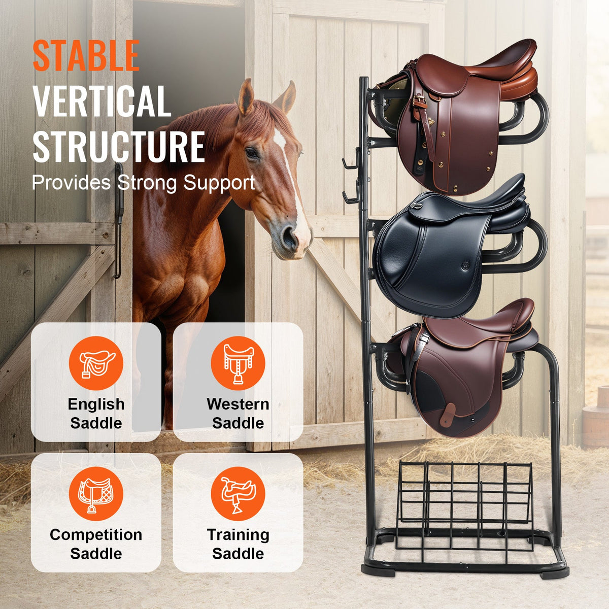 Saddle Rack Freestanding 3-Tier – VEVOR Rotating Heavy-Duty Carbon Steel Saddle Stand for English & Western Saddles | Multi-Layer Tack Storage, Rust-Resistant, Easy Assembly, Black