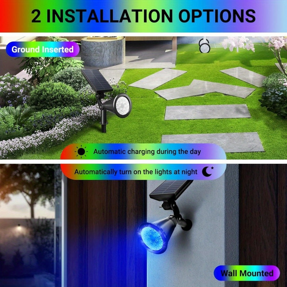 Solar Landscape Lights 2-in-1 Wall & Ground – Independent Adjustable Solar Panel Auto On/Off | 8 Color Modes Outdoor Solar Spotlight for Garden, Driveway, Sidewalk & Pool Area | IP44 Waterproof
