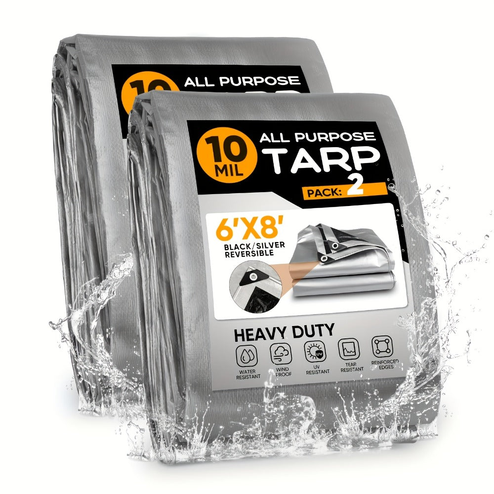 Heavy Duty Waterproof Tarp 2-Pack 10Mil 150GSM Black Silver – Tear-Proof Polyethylene Cover with Reinforced Grommets for Roof Pool Boat Car Camping & Outdoor