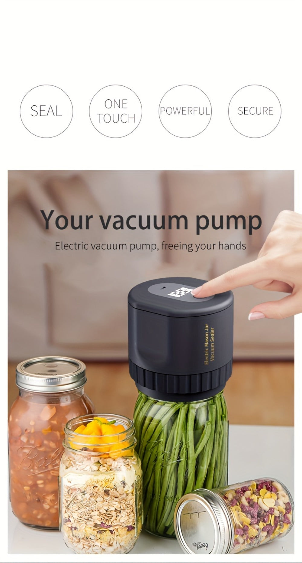 Electric Mason Jar Sealer One-Touch Vacuum Seal - 2025 New Model Automatic Jar Sealer Kit with Wide Mouth & Regular Mouth Lids, Food Storage Vacuum Sealer for Mason Jars, Canning Jar Lid Sealer, Black & White