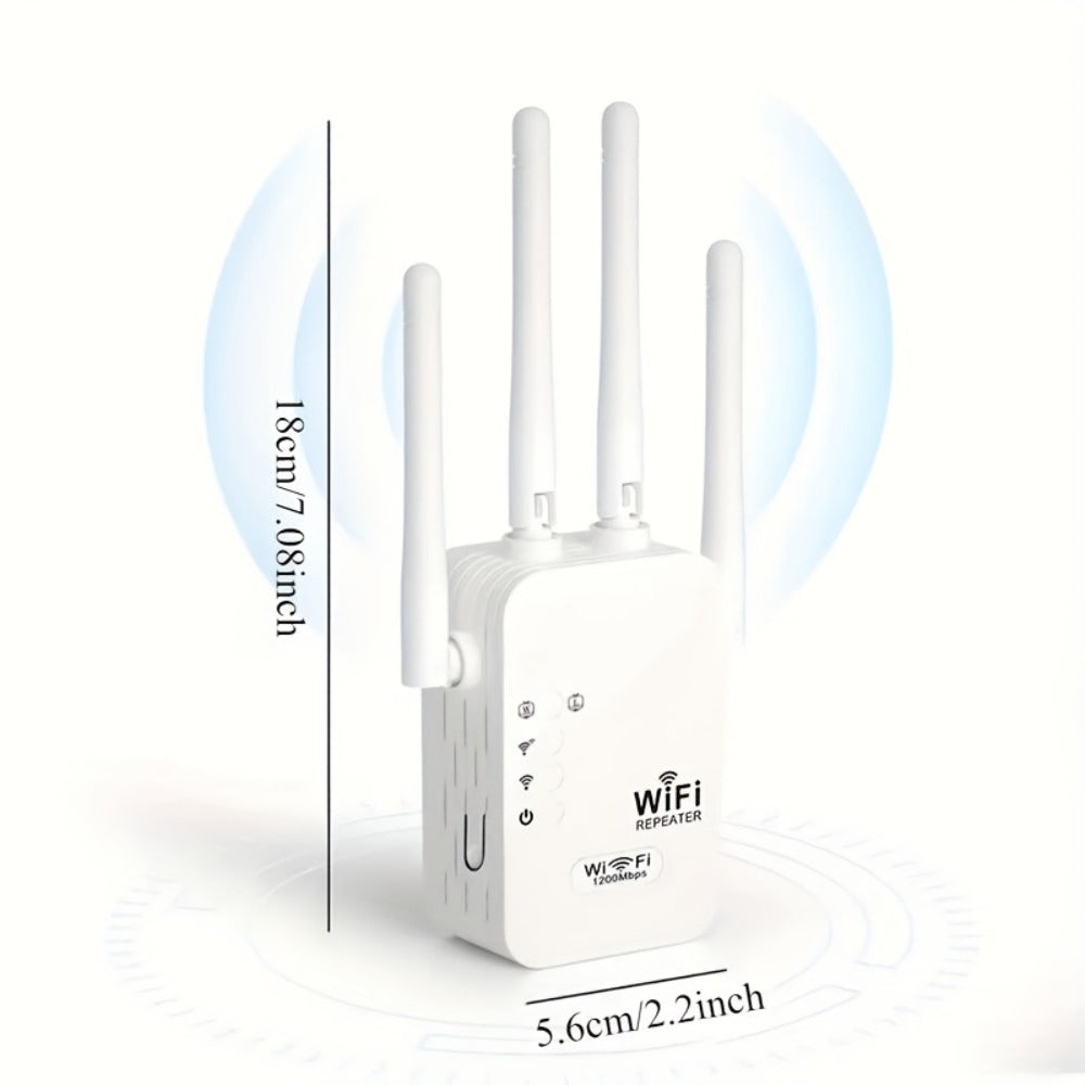WiFi Extender 1300Mbps Dual Band AP & Relay Mode - 4 Powerful Antennas Full House Coverage, Ethernet Port, Eliminates Dead Zones, for Home Office Gaming Streaming, White Black