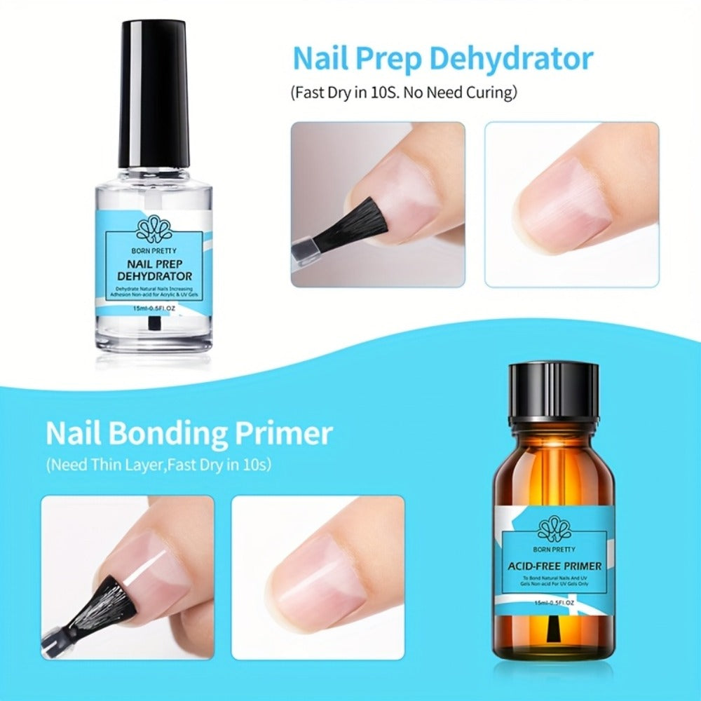 Gel Nail Prep Kit 4-Piece BORN PRETTY — Nail Dehydrator 15ml, Primer 15ml, Base Gel 10ml & Super Top Coat 10ml for Semi-Permanent Long-Lasting Gel Manicure, Salon & Home Use