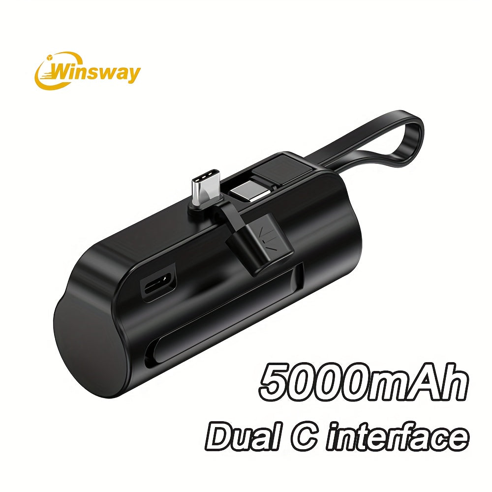 Capsule Mini Power Bank 5000mAh Dual Port Wireless Charging Phone Holder Fast Charge USB-C Cable Charge Two Phones at Once Pocket Portable Charger for Android Samsung iPhone