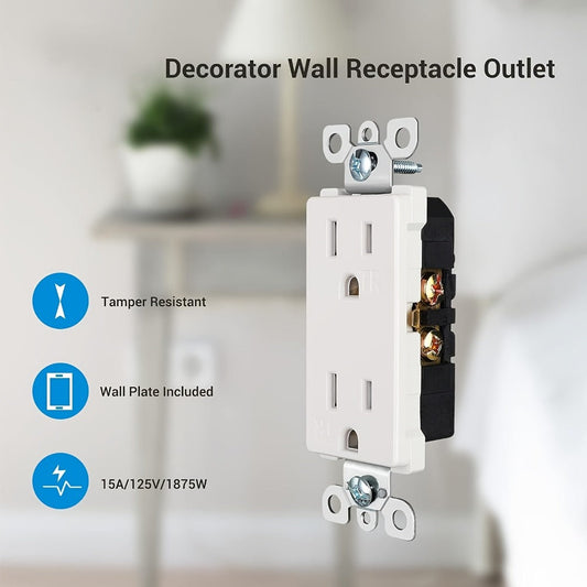 Tamper-Resistant Duplex Wall Outlet, 15A 125V, White with Decorator Wall Plates