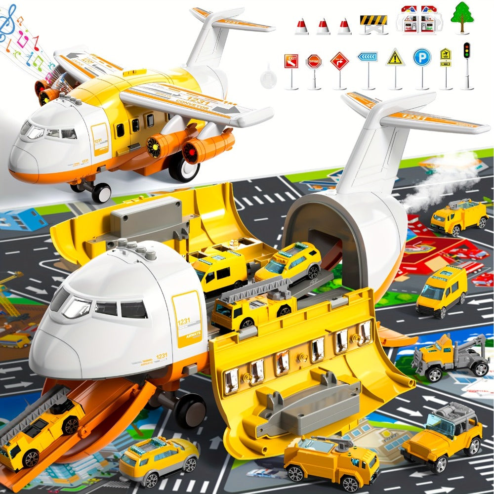 Transport Cargo Airplane Toy for Kids – Jumbo Plane with 10 Mini Cars & Spray Mist