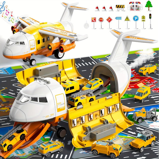 Transport Cargo Airplane Toy for Kids – Jumbo Plane with 10 Mini Cars & Spray Mist