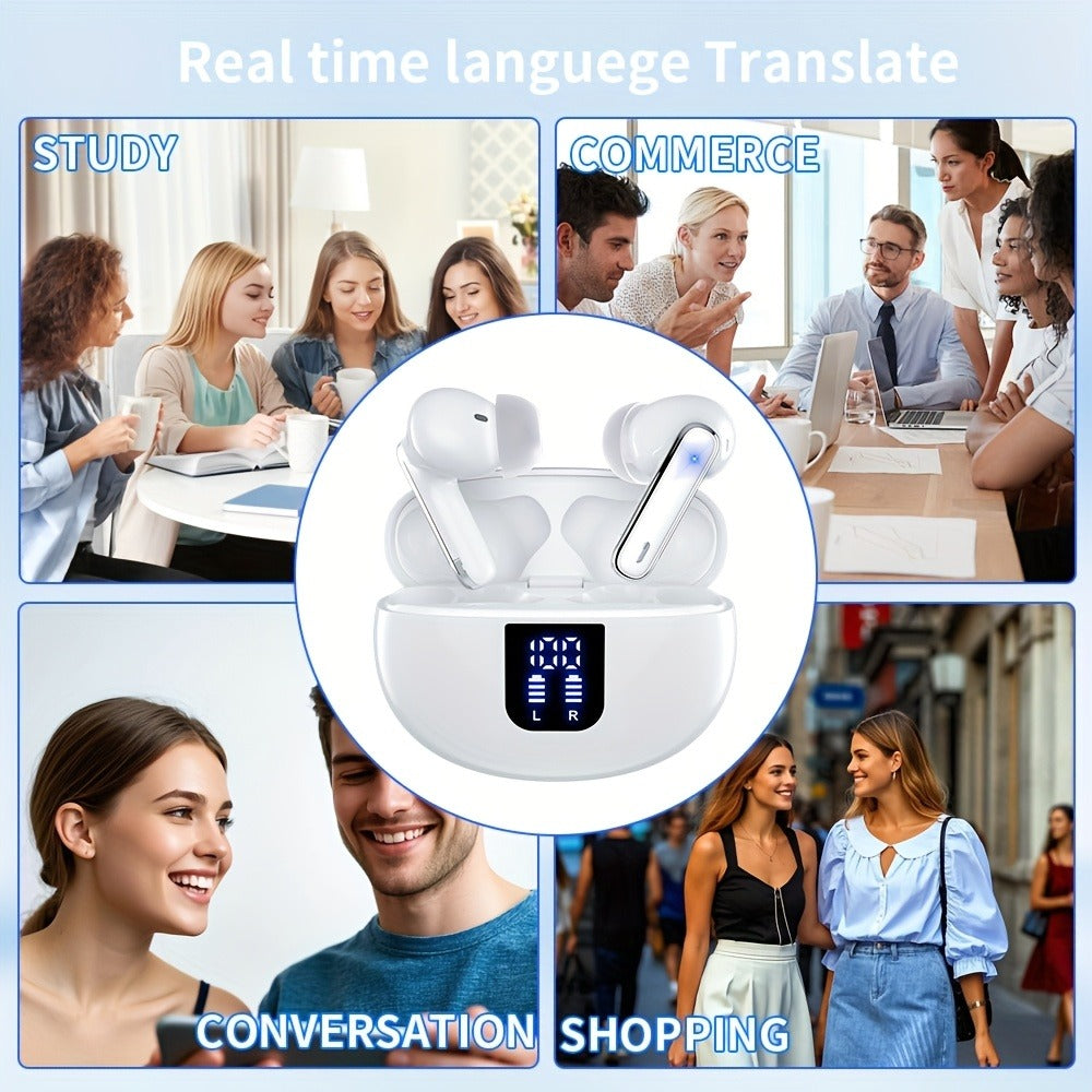 6-Mic AI Translation Earphones 3-in-1 Smart Noise Cancelling, Translate 144 Languages HiFi Sound Long Battery Life, Universal Smartphone Wireless Earbuds for Business Travel Meetings International Use