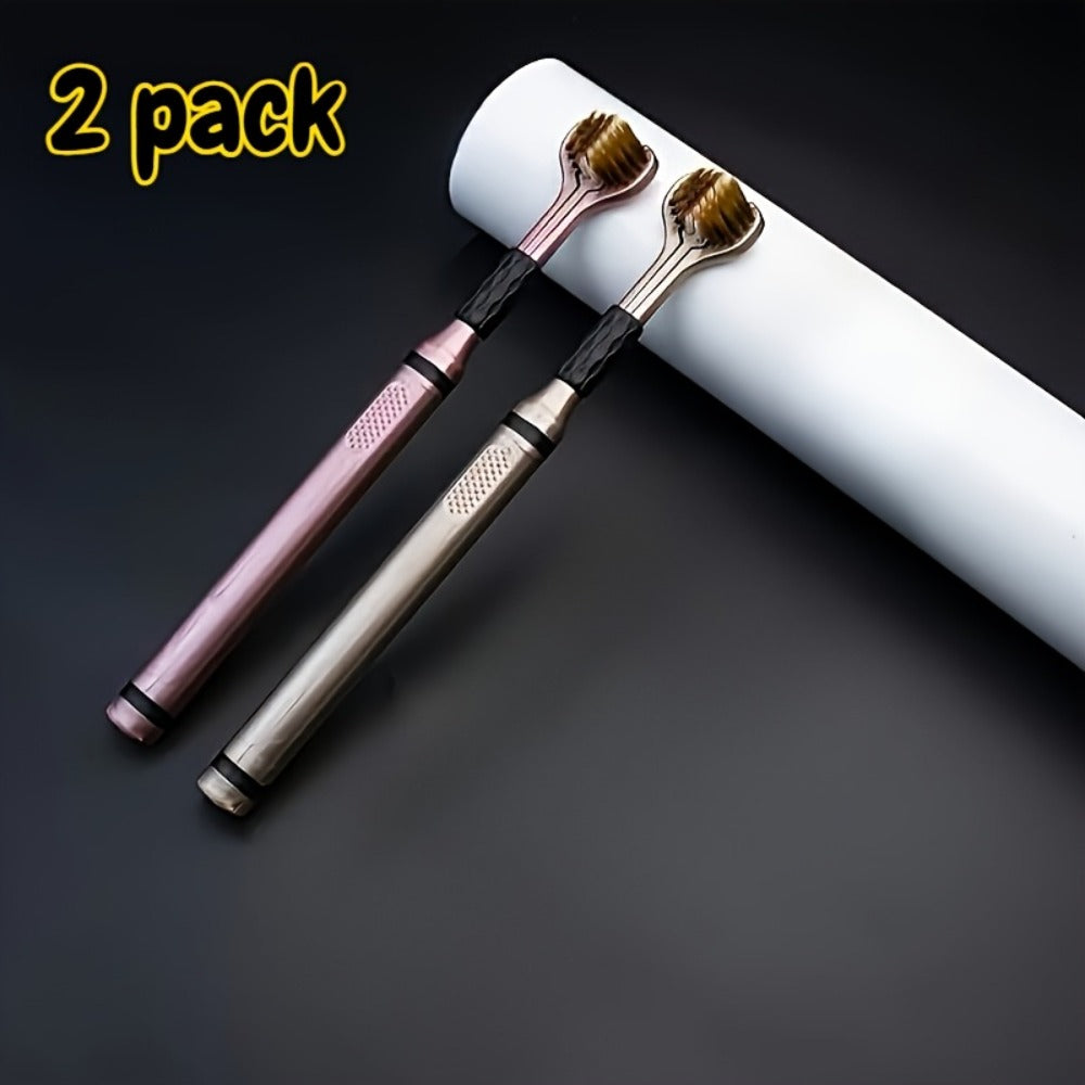 360 Toothbrush 2-Pack – Three-Head Design with Soft & Hard Nylon Bristles, 360° Cleaning, Tongue Coating Removal, Seamless Design for Braces, Bridges & Implants, Fresh Breath Oral Health Care